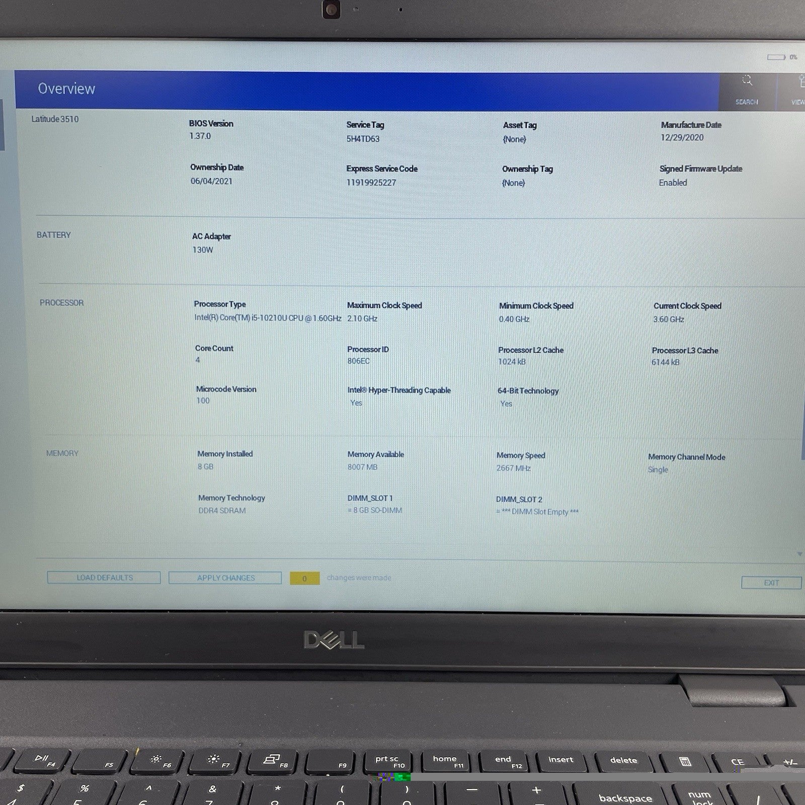 Dell Latitude 3510 15.6" i5-10210U 1.60 GHz 8 GB RAM No SSD/OS/AC/Batt3
