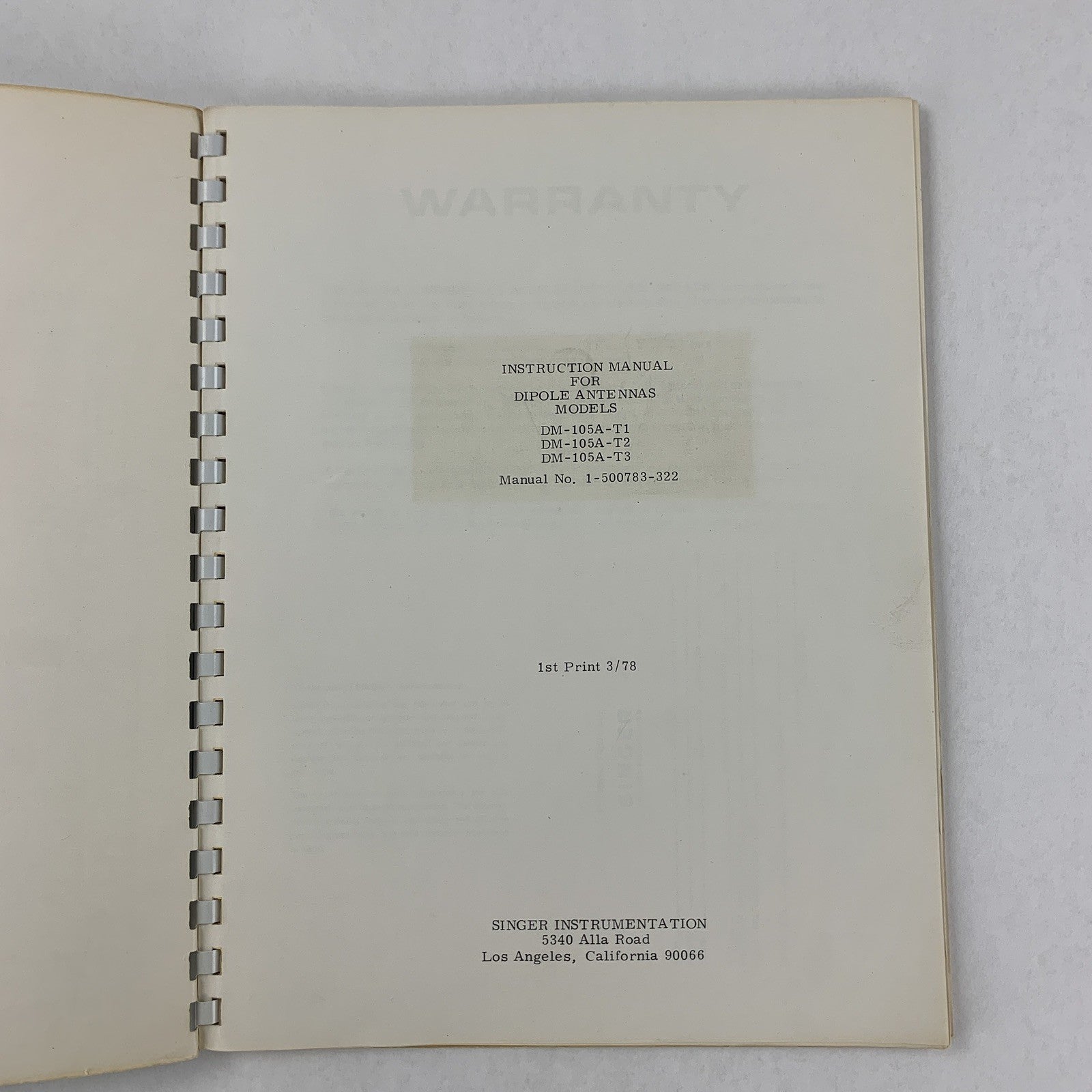 Singer 1-500783-322 Dipole Antennas Instruction Manual DM-105A-T1 / T2 / T3