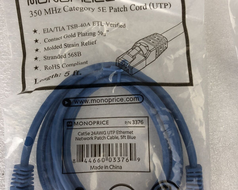 Monoprice Blue 5ft 5E Ethernet Patch Cord (UTP) - RJ45 350Mhz (Lot of 4)