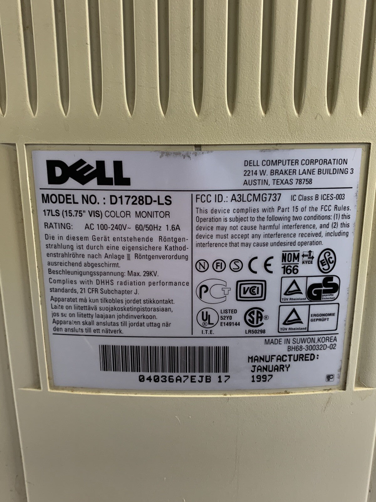 Dell 17" D1728D-LS 1280x1024 VGA CRT Monitor