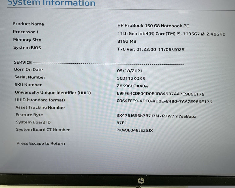 HP ProBook 450 G8 15.6" i5-1135G7 2.40 GHz 8 GB RAM No SSD/OS/AC