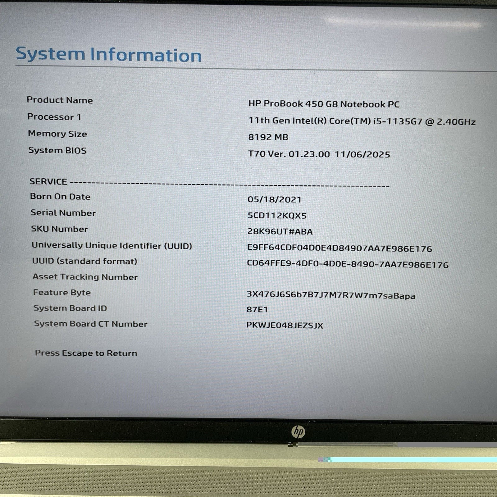 HP ProBook 450 G8 15.6" i5-1135G7 2.40 GHz 8 GB RAM No SSD/OS/AC2