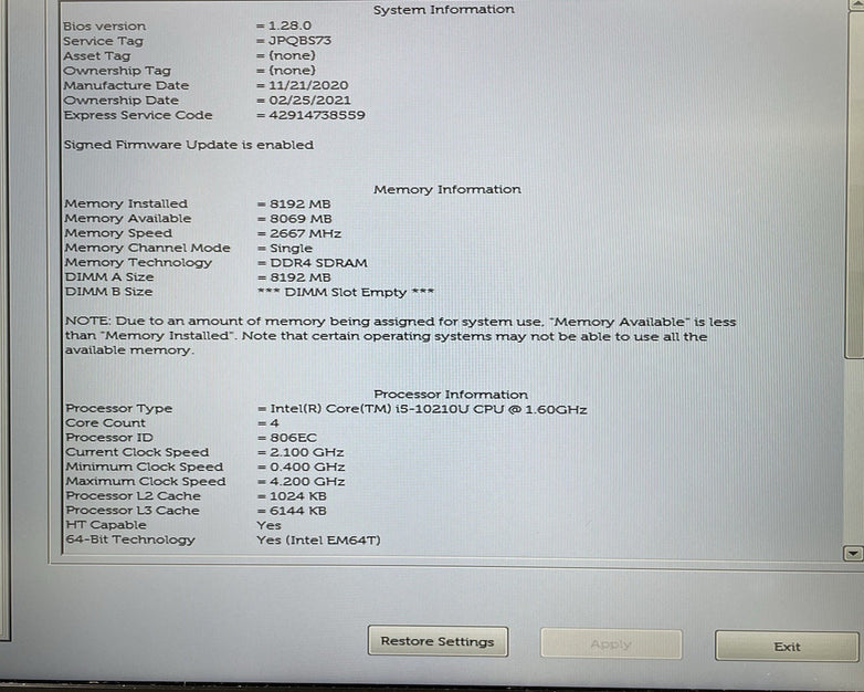 Dell Latitude 5510 15.6" i5-10210U 1.60 GHz 8 GB RAM No SSD/OS/AC - Worn READ
