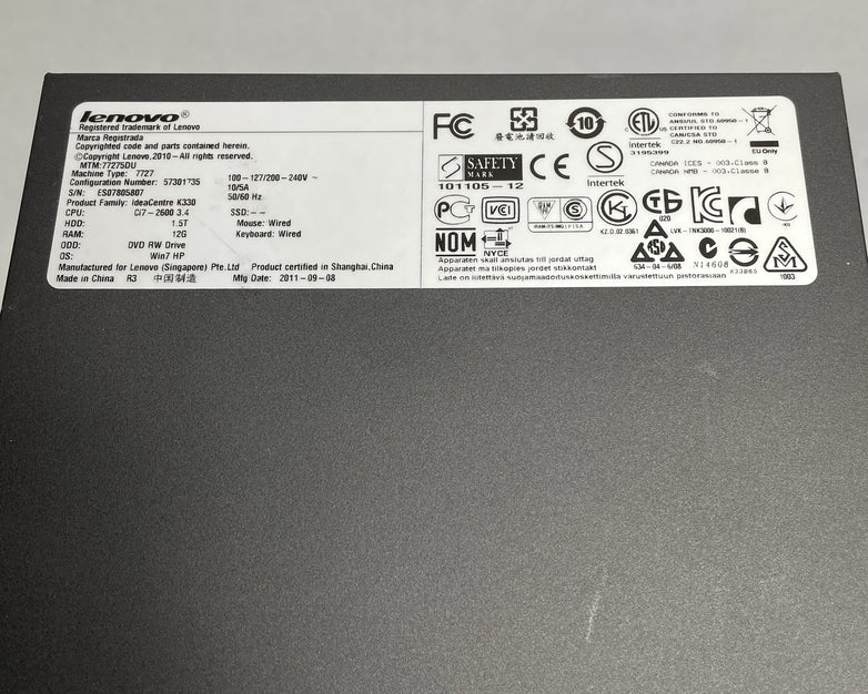 Lenovo IdeaCentre K330B Intel I7-2600 3.40 GHz 16 GB No HDD No OS