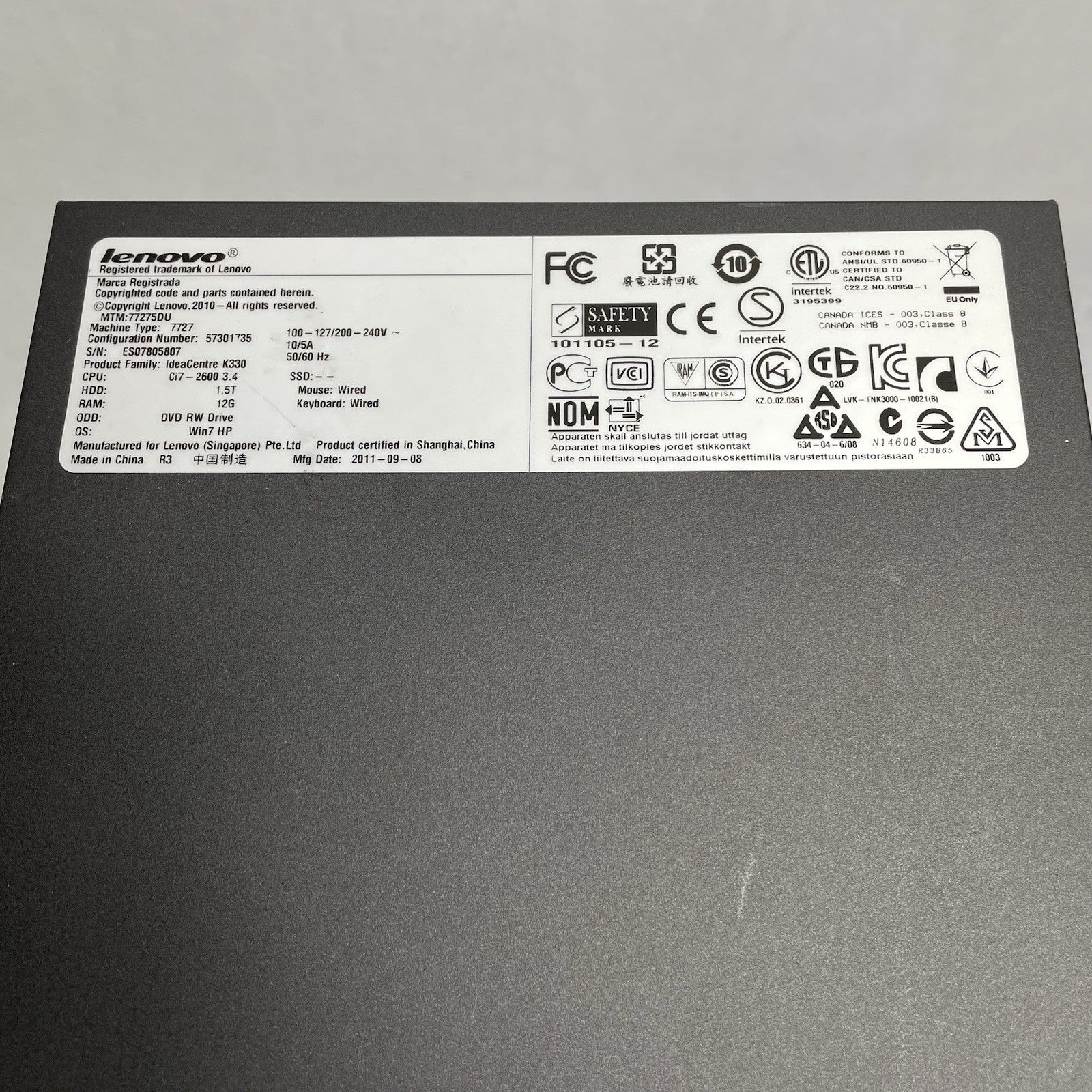 Lenovo IdeaCentre K330B Intel I7-2600 3.40 GHz 16 GB No HDD No OS