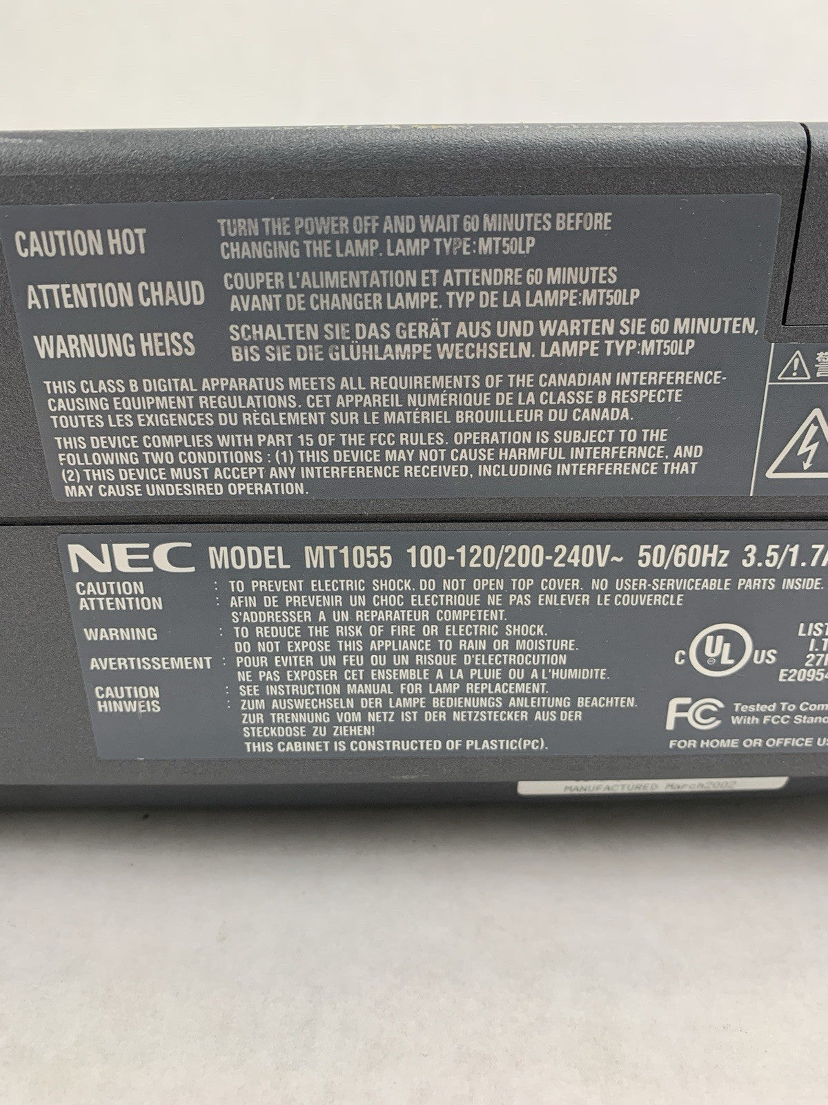NEC Gray MT1055 Home Theater Projector - Parts or Repair