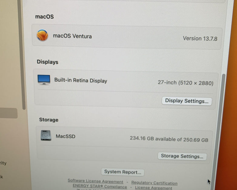 Apple iMac A1419 2017 27" Retina 5k 4.2GHz i7 16GB RAM 250GB SSD 13.7.8 Ventura