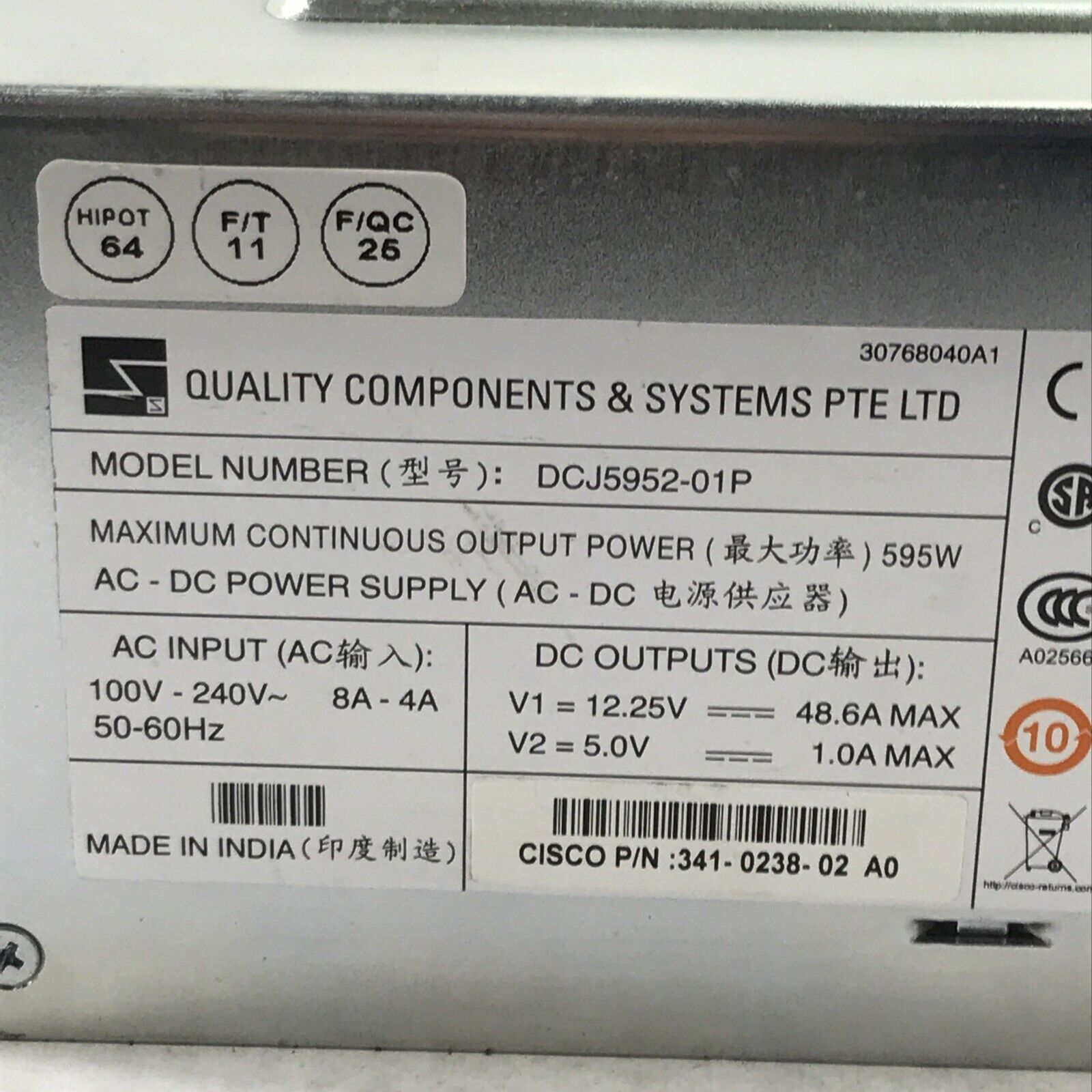 Cisco DCJ5952-01P 341-0238-02 Power Supply for Cisco 3900 3925 Router