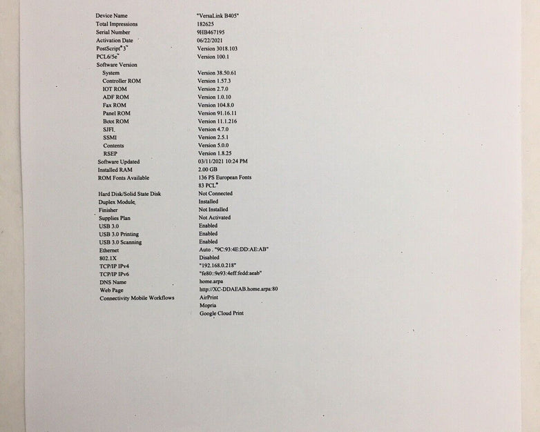 Xerox VersaLink B405 (D-A271) B&W All-in-one Printer Tested Works Error 016-426