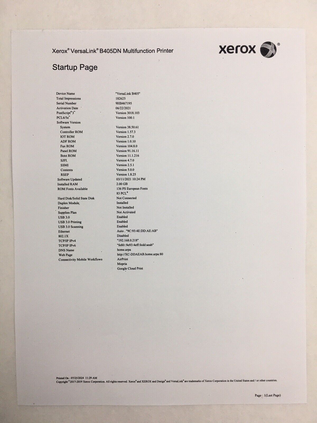 Xerox VersaLink B405 (D-A271) B&W All-in-one Printer Tested Works Error 016-426