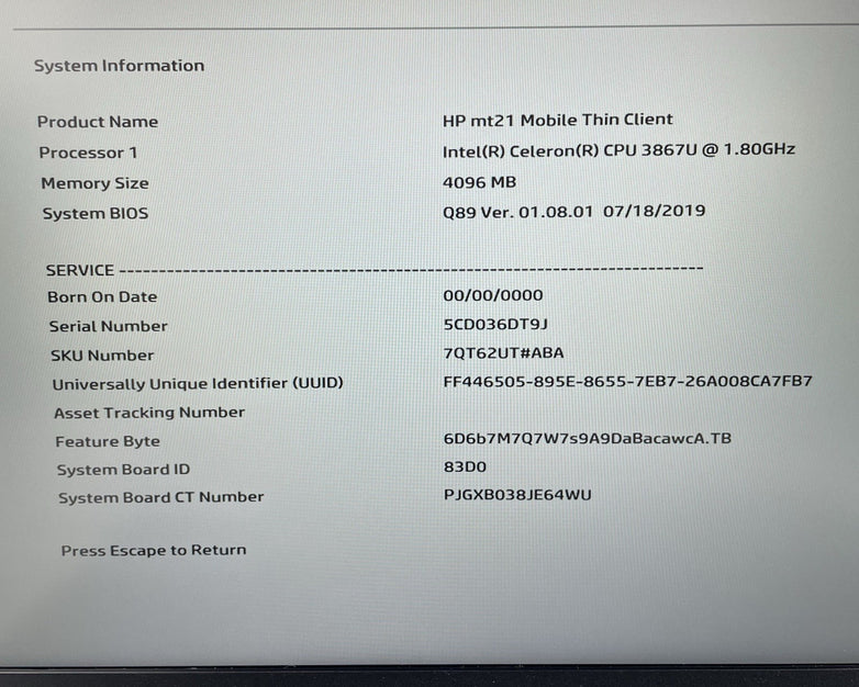 HP mt21 14" Celeron 3867U 1.80 GHz 4 GB RAM No SSD/OS/AC