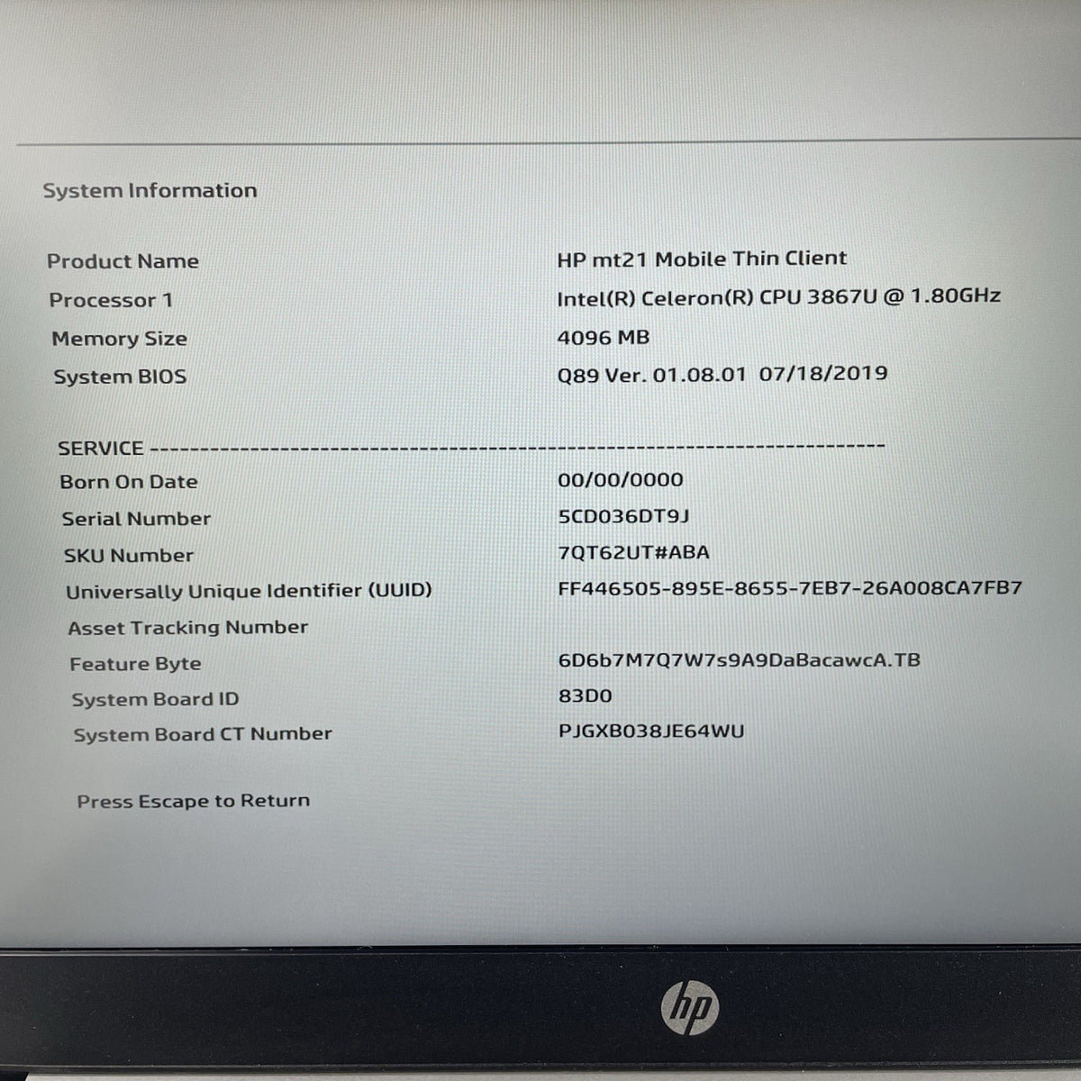 HP mt21 14" Celeron 3867U 1.80 GHz 4 GB RAM No SSD/OS/AC3
