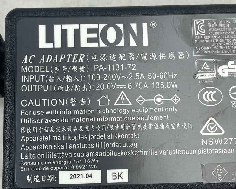 Liteon 20V 6.75A 135W PA-1131-72 5.5mm Tip Original Slim A/C Adapter Lot of 2