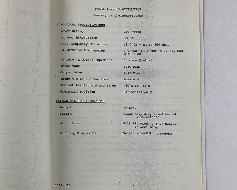Bird 8322 Tenuline Model 8322 Coaxial Attenuator Instruction Manual