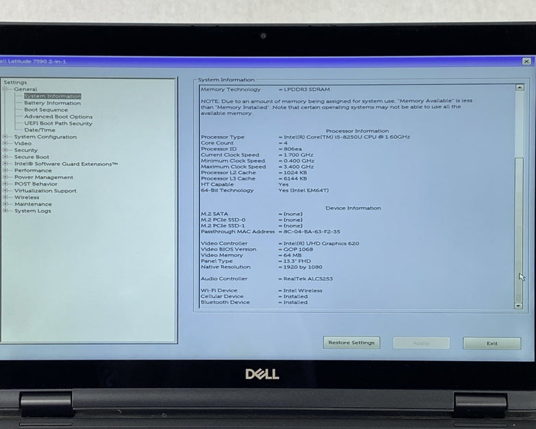 Dell Latitude 7390 2 in 1 13.3" Touch i5-8250U 1.60 GHz 8 GB RAM No HDD No OS