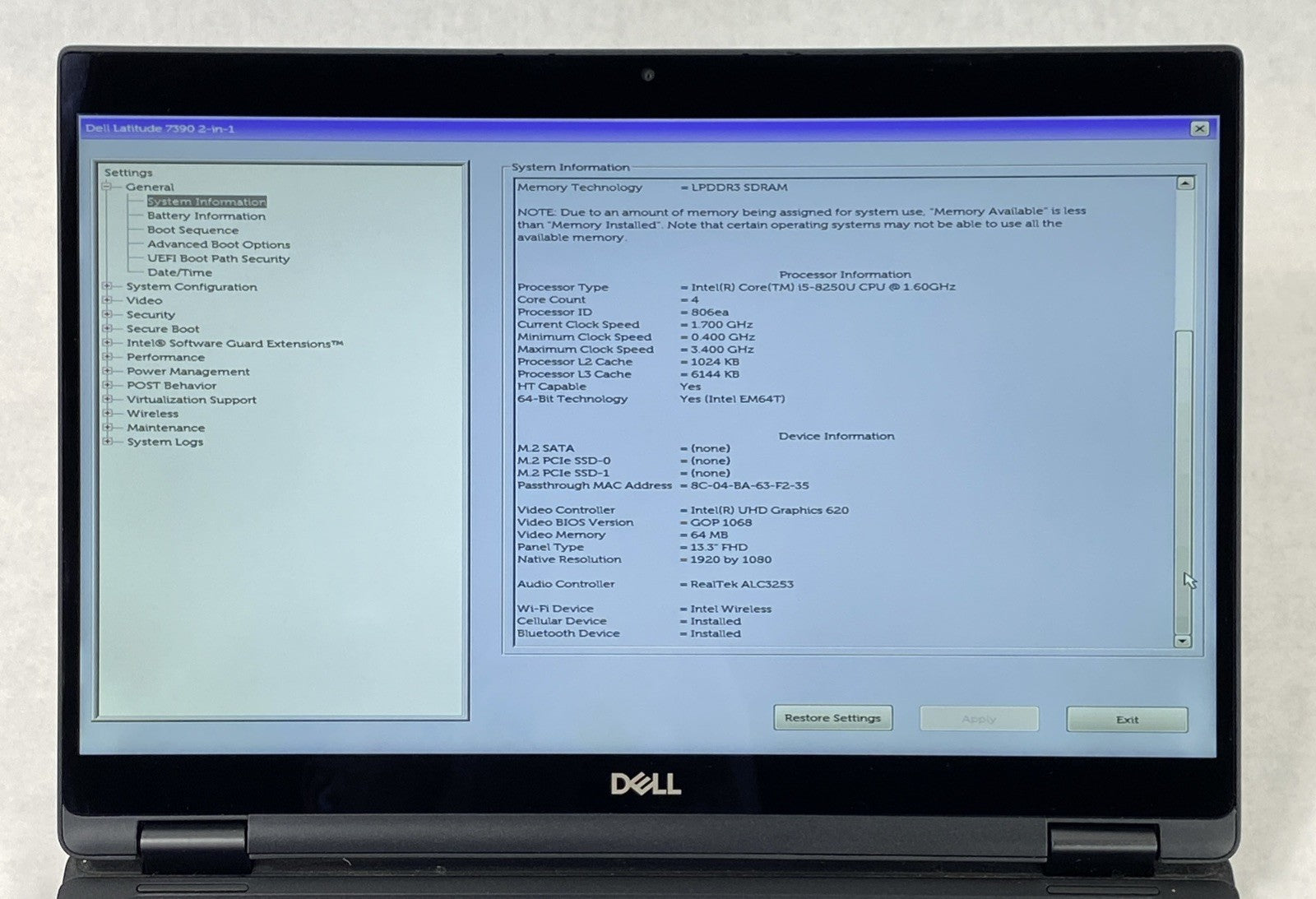 Dell Latitude 7390 2 in 1 13.3" Touch i5-8250U 1.60 GHz 8 GB RAM No HDD No OS