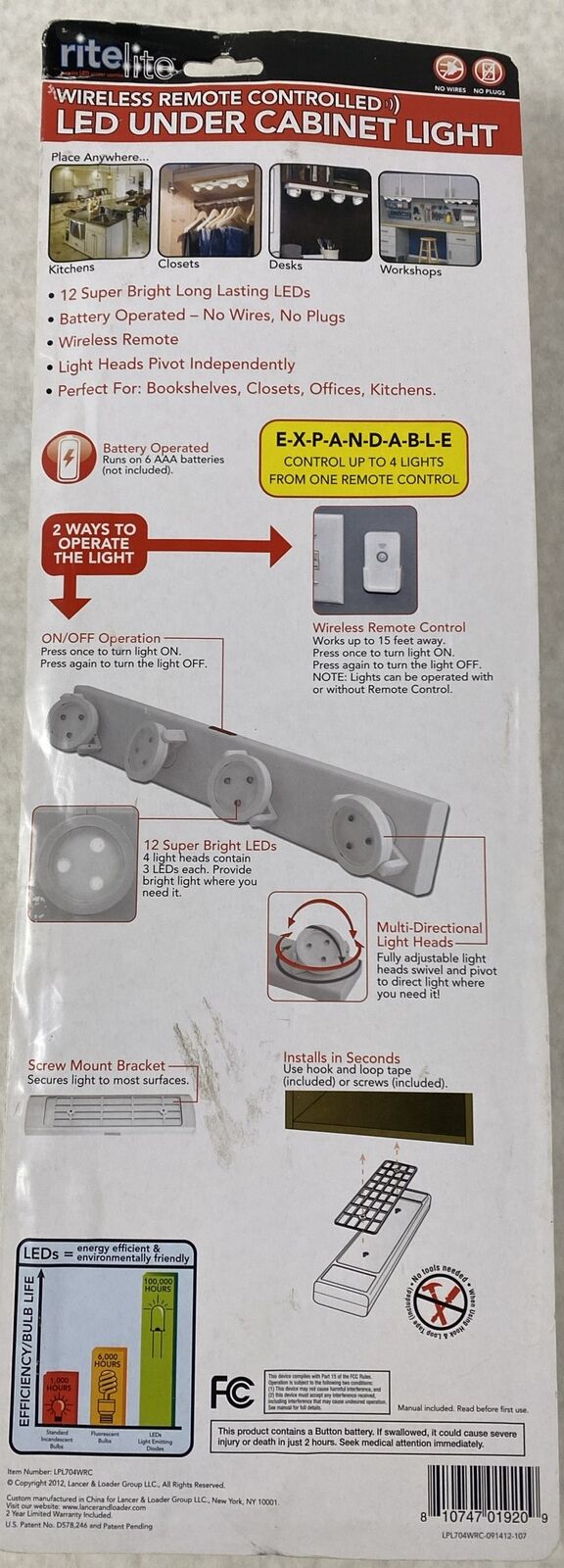 Rite Lite LPL704WRC White Battery Powered LED Strip Light NOS