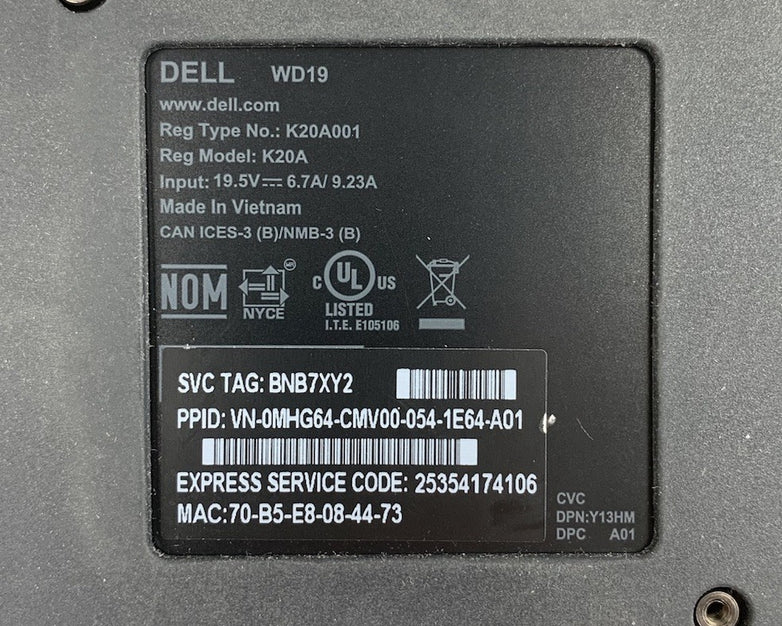 Dell WD19 K20A USB-C Thunderbolt Docking Station No AC Adapter