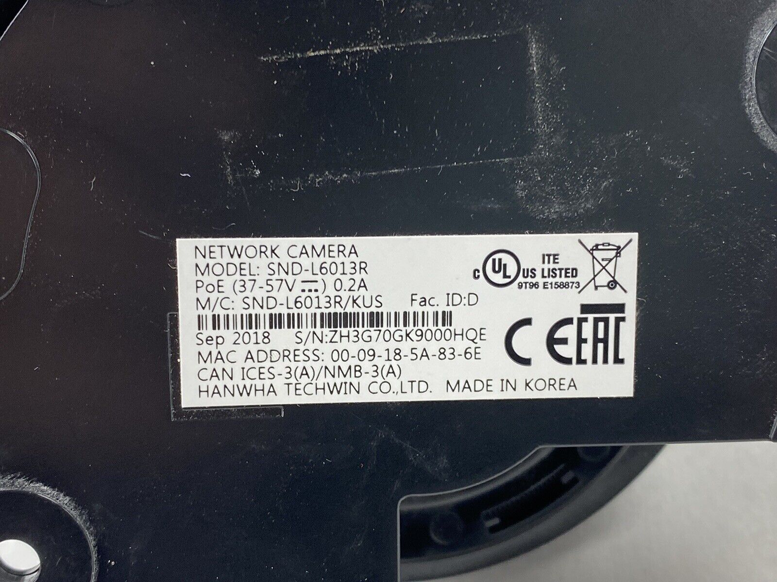 Hanwha Techwin Wisenet SND-L6013R Network Camera Untested