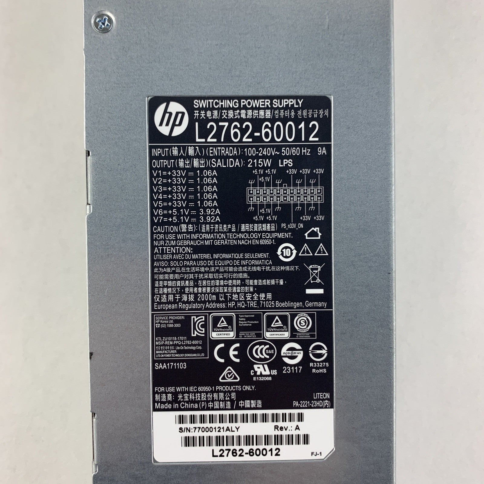 HP  L2762-60012 215W 100V-240V Power Supply From HP Scanjet Flow N9120 FN2 OEM
