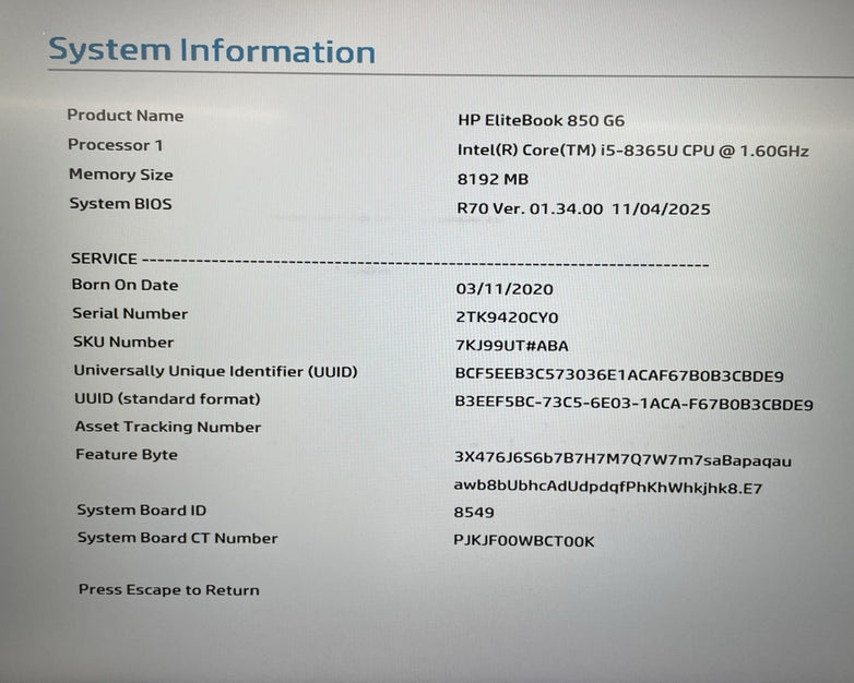 HP EliteBook 850 G6 15.6" i5-8365U 1.60 GHz 8 GB RAM No SSD/OS/AC - Corner