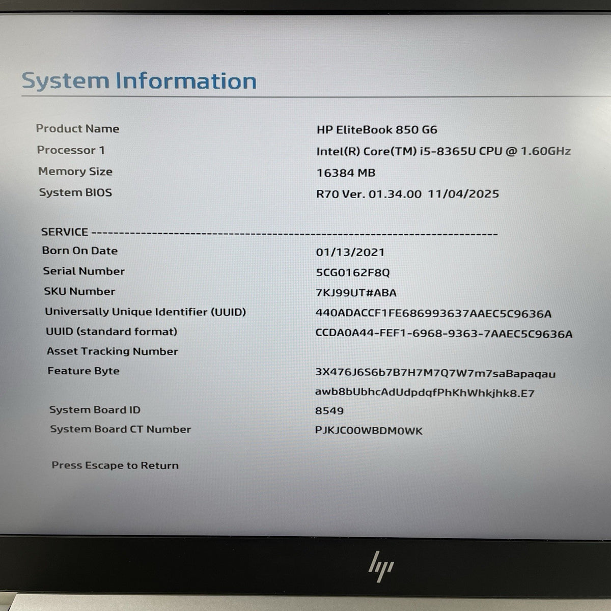 HP EliteBook 850 G6 15.6" i5-8365U 1.60 GHz 16 GB RAM No SSD/OS/AC - USB3