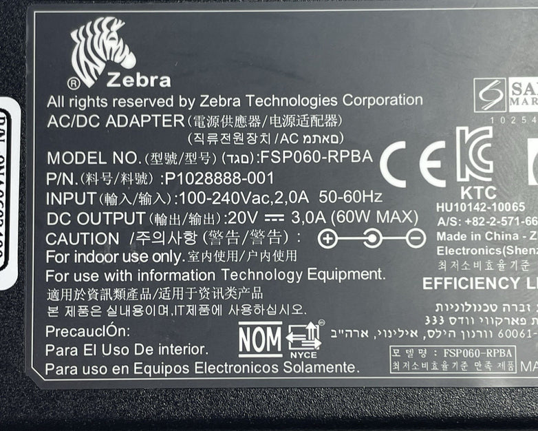 Zebra 60W 24V 2.5A AC Power Adapter Charger FSP060-RPAC P1076000-006