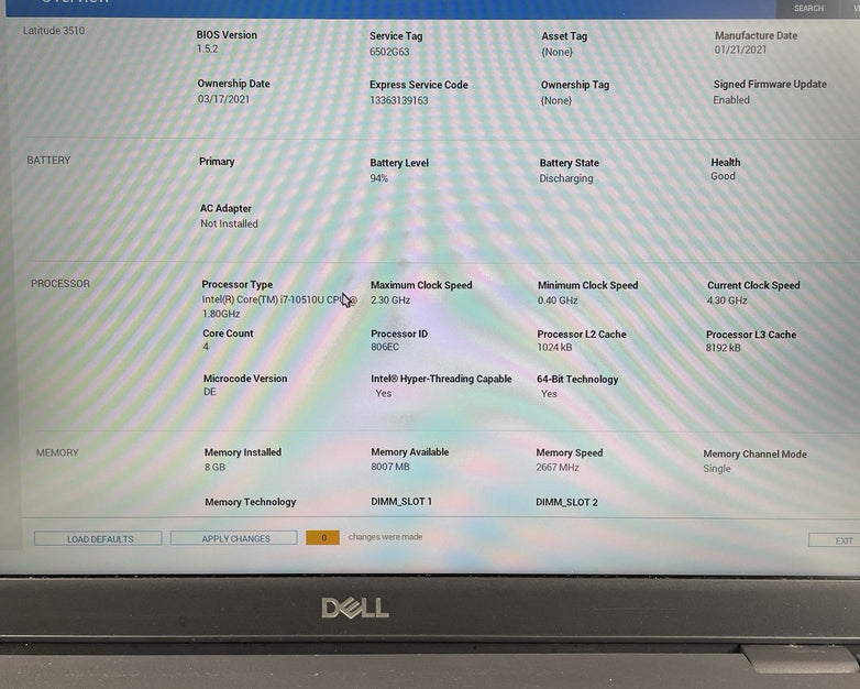 Dell Latitude 3510 15.6" i7-10510U 1.80 GHz 8 GB RAM No SSD/OS/AC