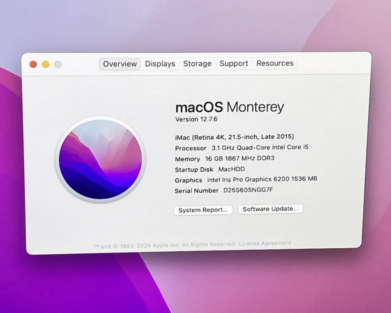 Apple A1418 iMac Retina 4k 21.5" 2015 3.1GHz i5 16GB RAM 1TB HDD Fusion -Cracked