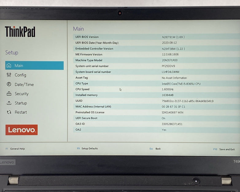 Lenovo ThinkPad T490 Core i5-8365U 1.60 GHz 16GB RAM 14" No Battery No HDD No OS