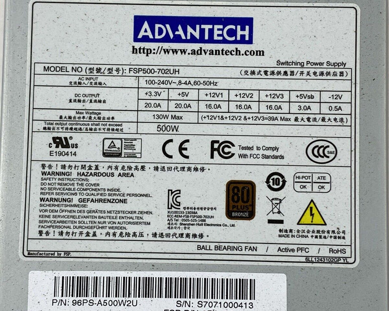 Advantech FSP500-702UH 80 Plus Bronze 500W Switching Power Supply