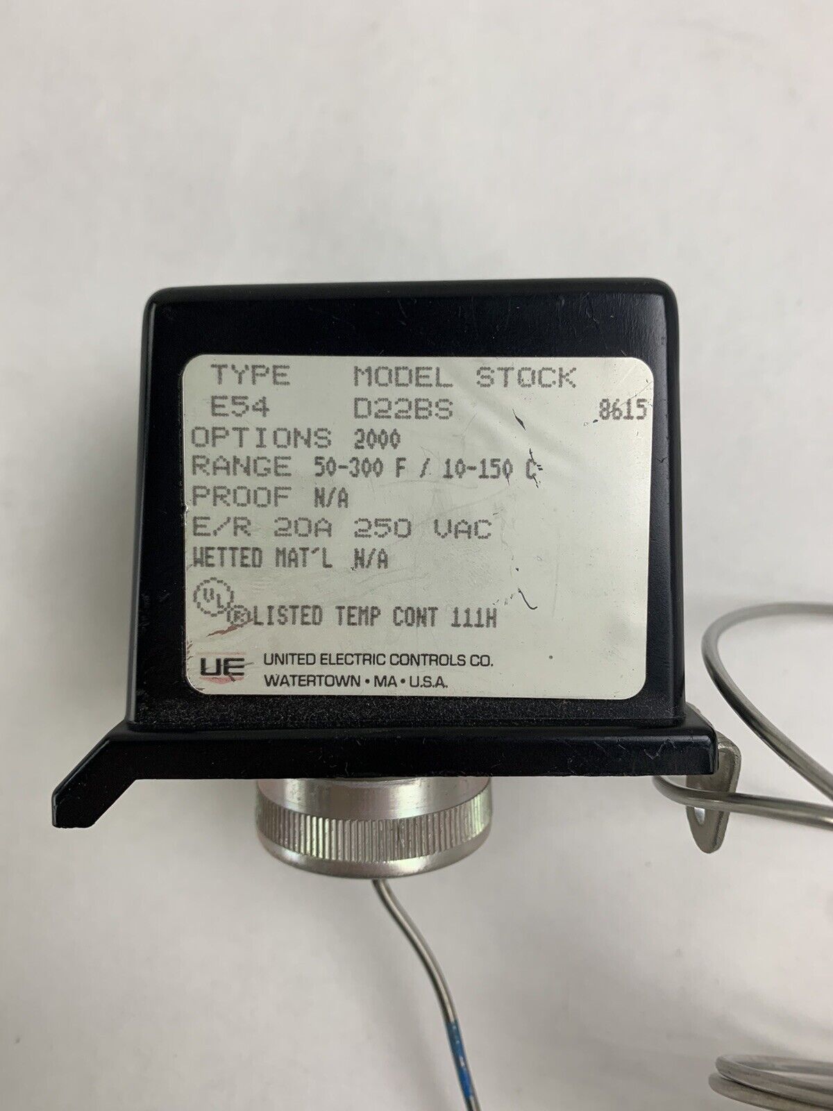 United Electric Temperature Switch, Type E54, Model D22BS, 50-300 Deg F