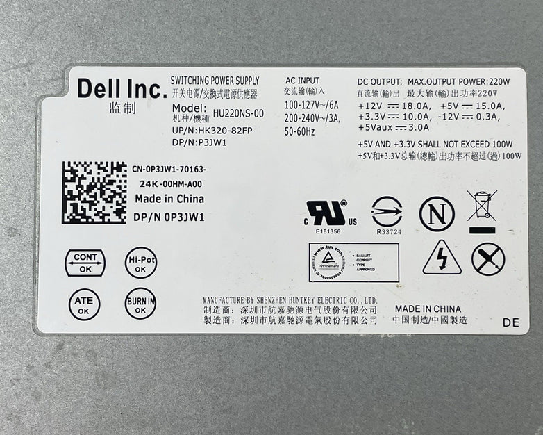 220W Dell P3JW1 Power Supply  HU220NS-00 HK320-82FP HK320-81FP GXYV0 L2.3