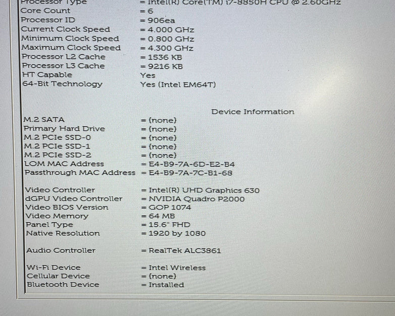 Dell Precision 7530 15.6" i7-8850H 2.60 GHz 16 GB RAM No SSD/OS/AC - READ