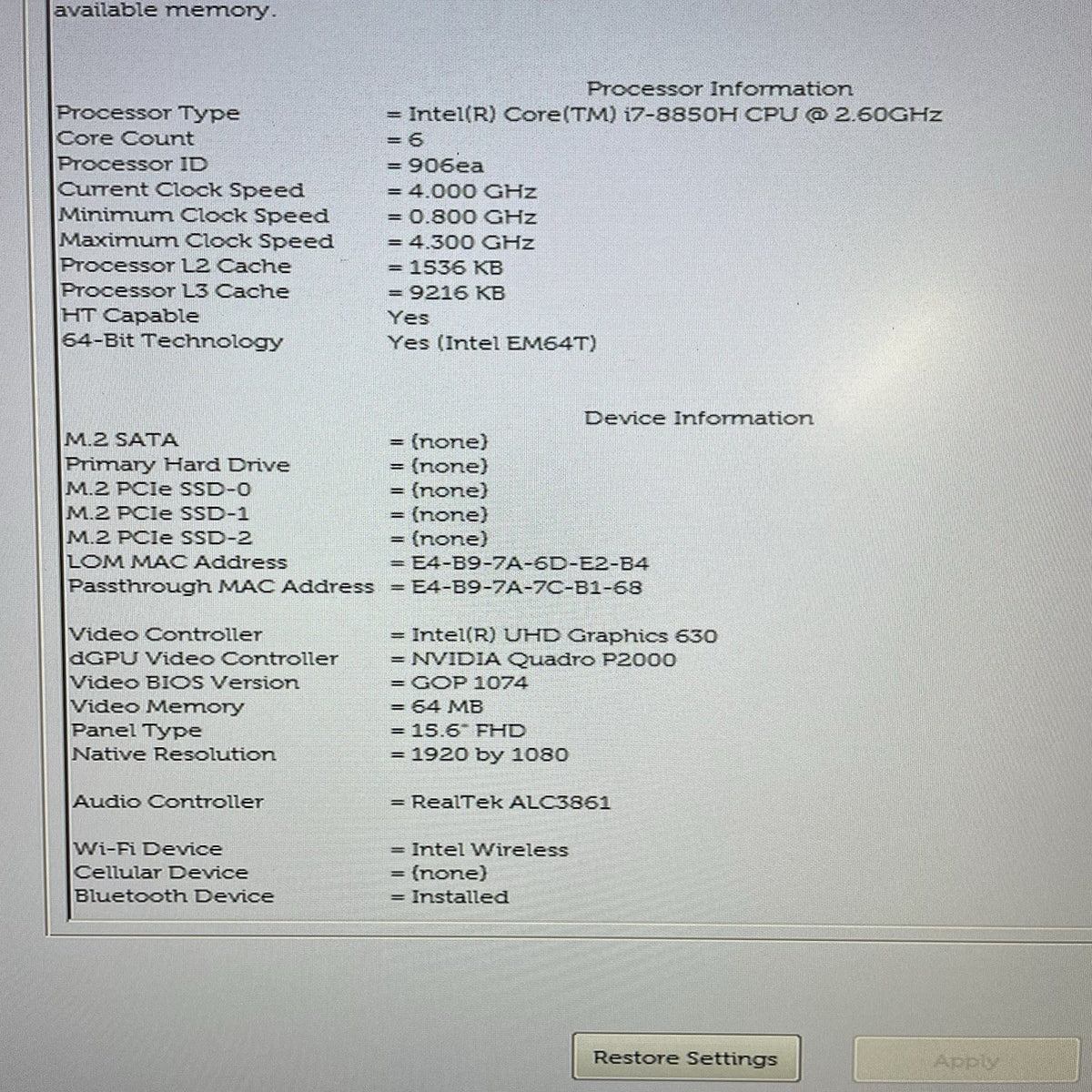 Dell Precision 7530 15.6" i7-8850H 2.60 GHz 16 GB RAM No SSD/OS/AC - READ3