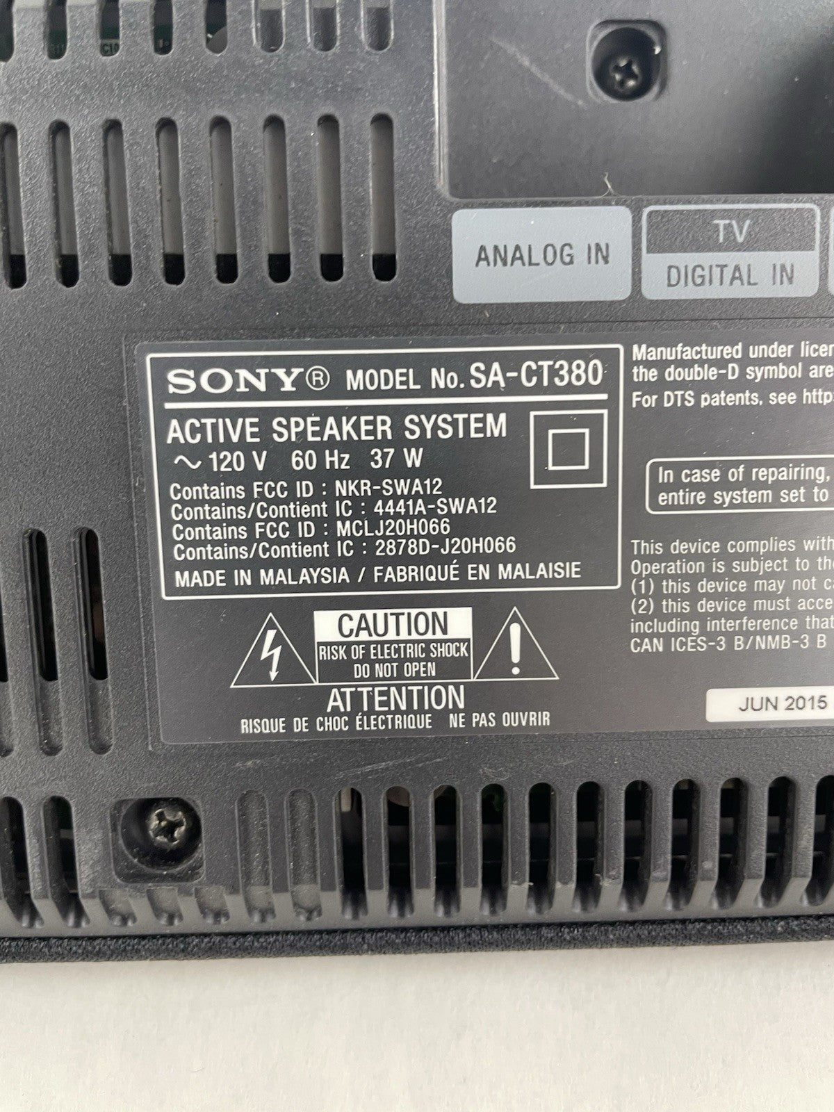 Sony SA-CT380 Active Speaker System Soundbar Bluetooth NFC Dolby