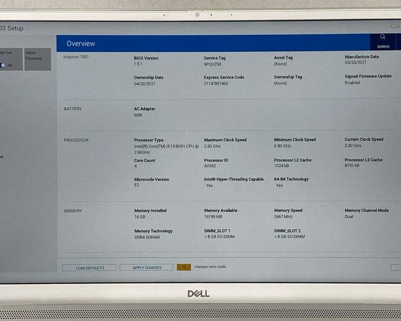 Dell Inspiron 15 7501 15.6" Touch i5-10300H 2.5GHz 16GB RAM No Battery No HDD/OS