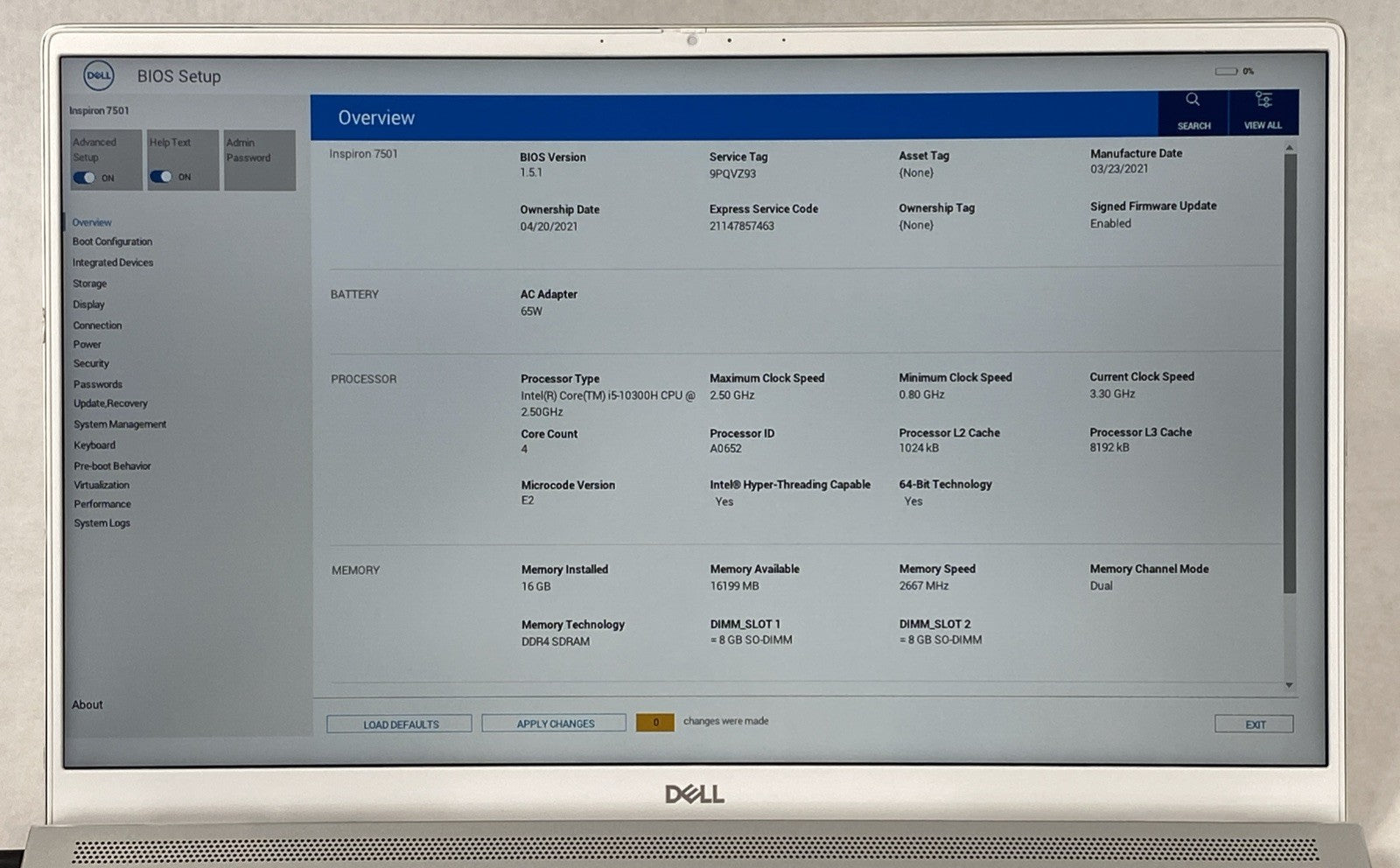 Dell Inspiron 15 7501 15.6" Touch i5-10300H 2.5GHz 16GB RAM No Battery No HDD/OS