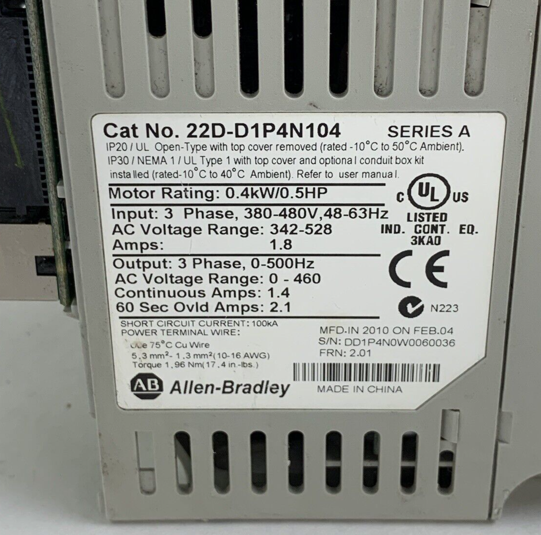 Allen Bradley 22D-D1P4N104 PowerFlex 40P AC Drive 0.4W/0.5 380-480V Untested