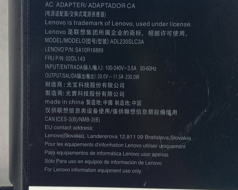 Lenovo ADL230SLC3A  230W AC Adapter 11.5A 20.0V Square Tip