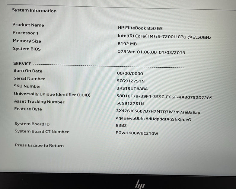 HP EliteBook 850 G5 15.6" i5-7200U 2.50 GHz 8 GB RAM No SSD/OS/AC