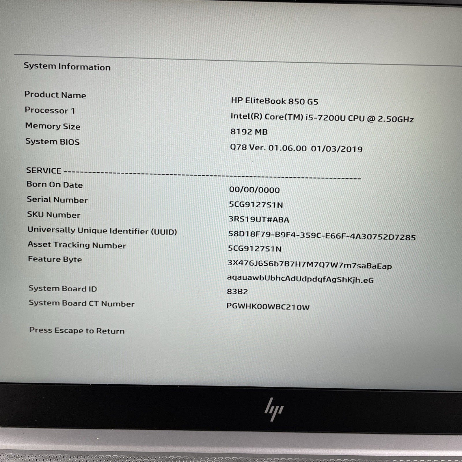 HP EliteBook 850 G5 15.6" i5-7200U 2.50 GHz 8 GB RAM No SSD/OS/AC2