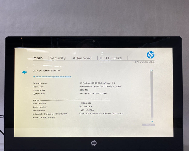 HP ProOne 400 G3 AIO 20" Touch Quad Core i5-7500T 2.70GHz 8GB Ram No AC HDD OS