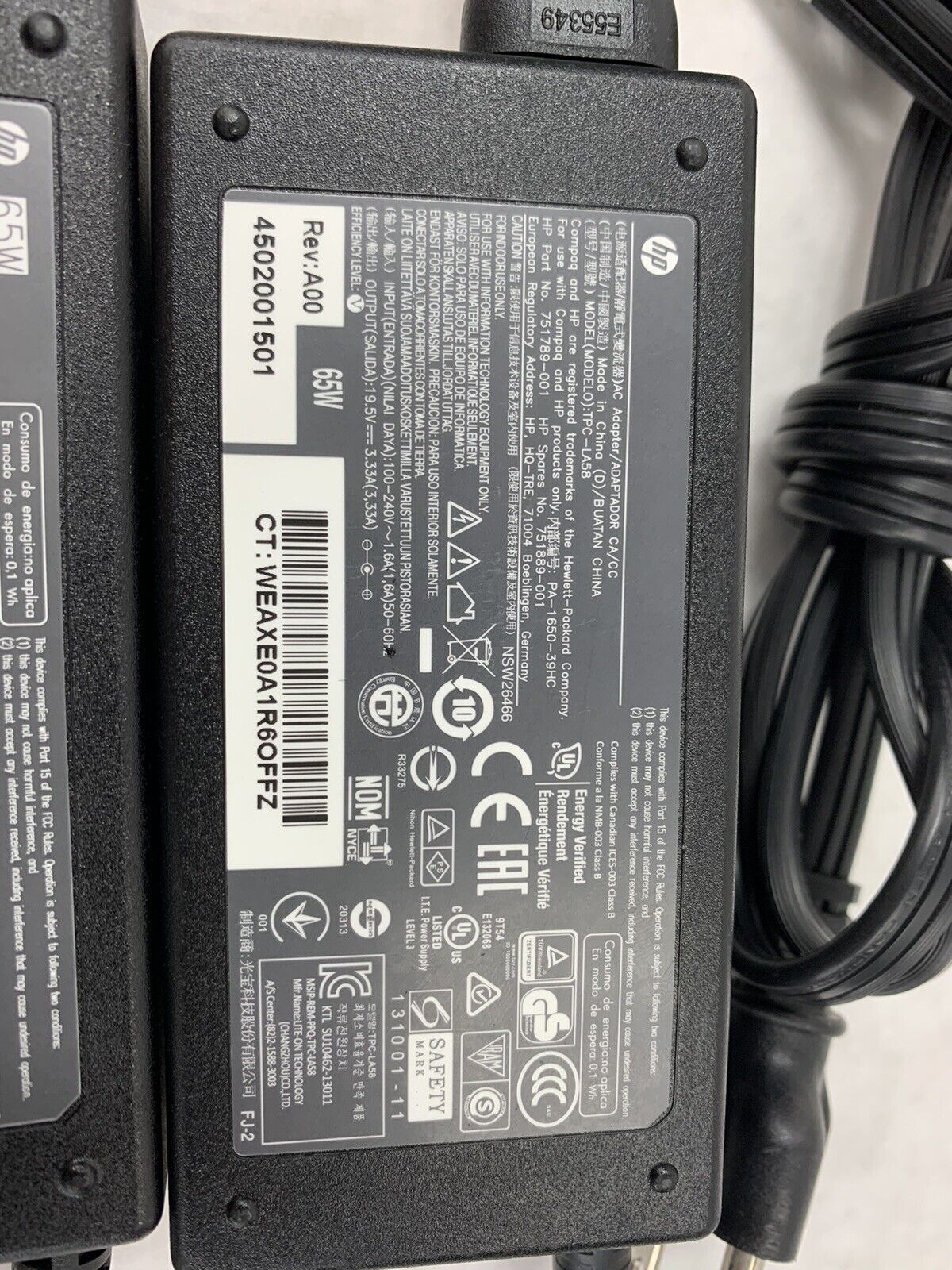 Lot 2 HP Laptop Charger AC Power Adapter TPC-LA58 65W 19.5V 3.33A, 724264-001