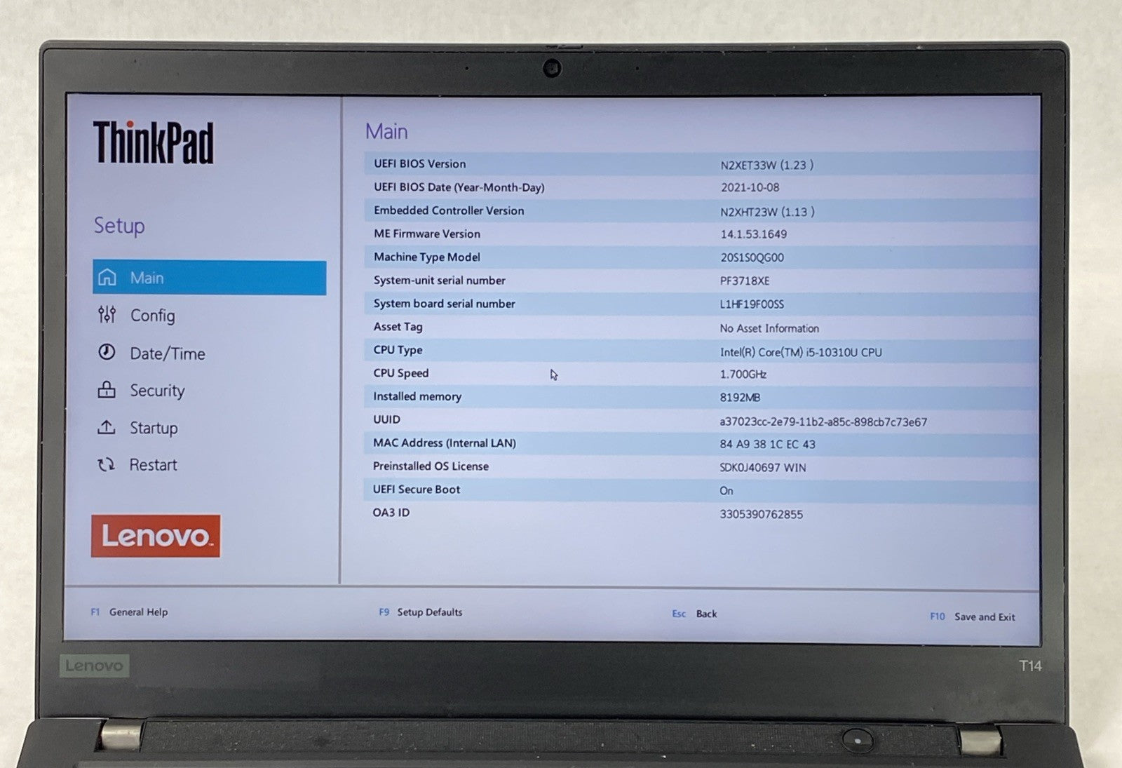 Lenovo ThinkPad T14 Gen 1 Core i5-10310U 1.70 GHz 8 GB RAM 14.0" No SSD No OS