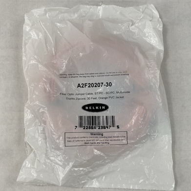 Belkin A2F20207-30 Fiber Optic Jumper Cable 30ft ST to SC Duplex Zipcord Orange