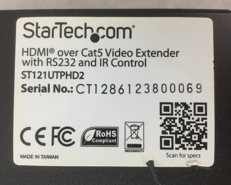 StarTech ST121UTPHD2 HDMI over Cat5 Video Extender w/RS232 & IR Control,OUT ONLY