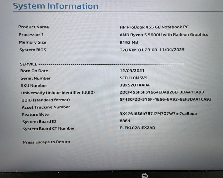 HP ProBook 455 G8 15.6" AMD Ryzen 5 5600U 2.30 GHz 8 GB RAM No SSD/OS/AC/Batt