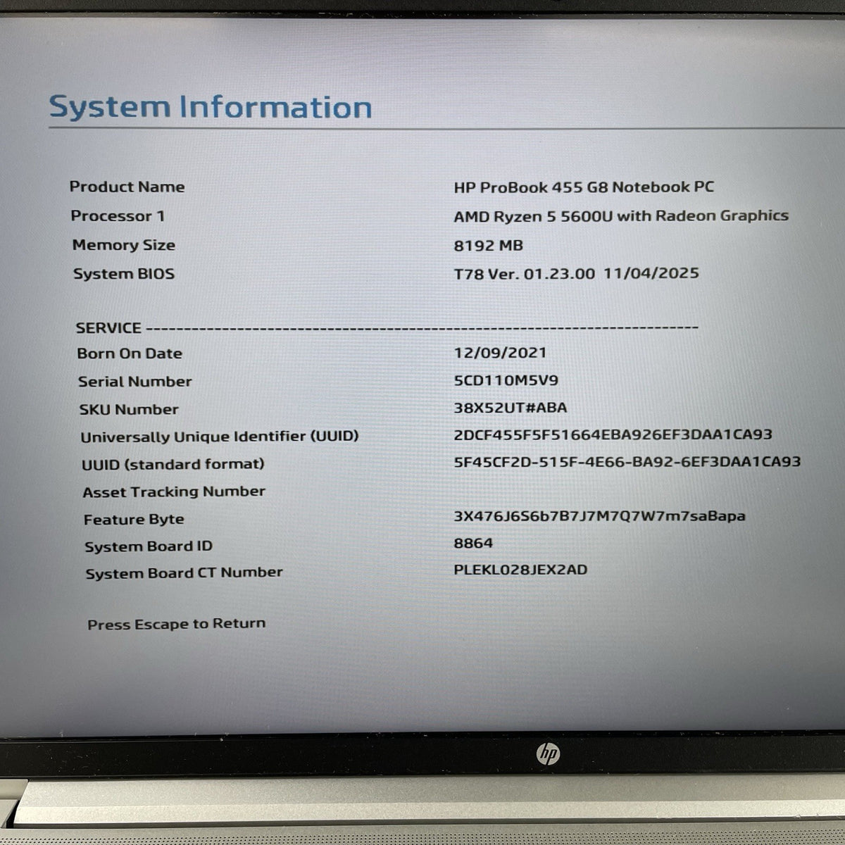 HP ProBook 455 G8 15.6" AMD Ryzen 5 5600U 2.30 GHz 8 GB RAM No SSD/OS/AC/Batt3