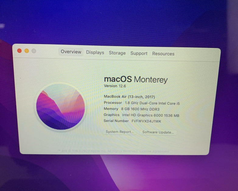 Apple Macbook Air A1466 2017 13.3" 1.8GHz i5 8GB RAM 121GB SSD OS Monterey 12.6